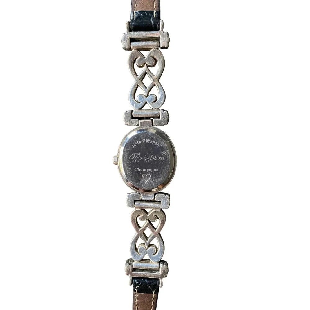 Brighton‎ Champagne Women's Oval Dial Silver Tone Black Leather Band Watch